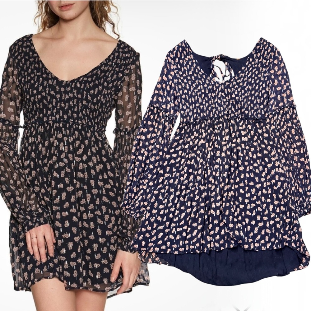 Free People Mini Dress One Adored Floral Smocked Navy Blue XL
